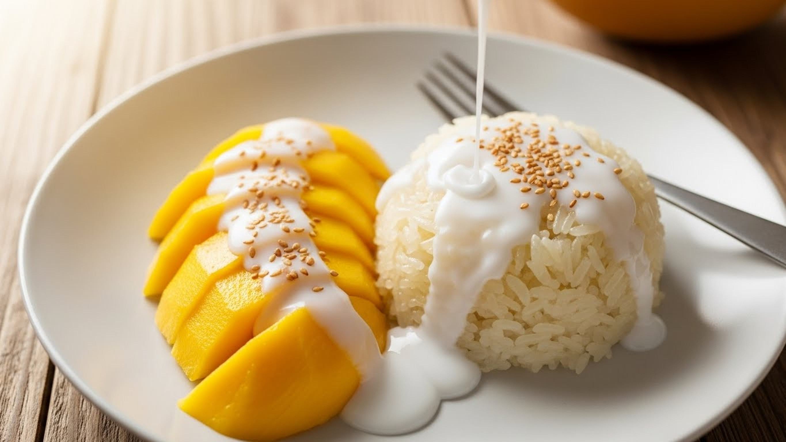 Close Up View Of A Plate Full Of Mango Sticky Rice Close Up View Of A Plate Full Of Mango Sticky Rice