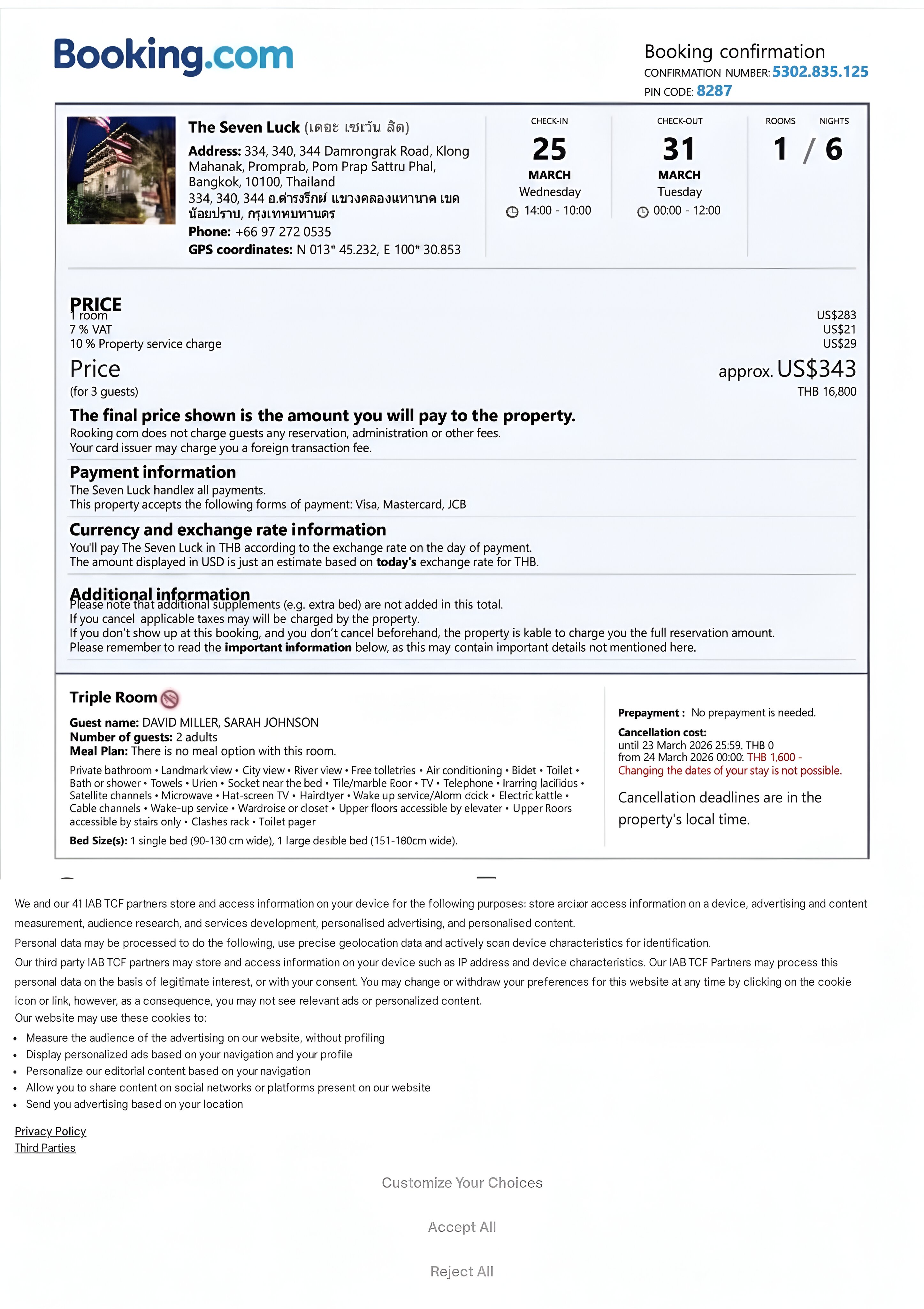 Sample of Hotel Booking/Proof of Accommodation