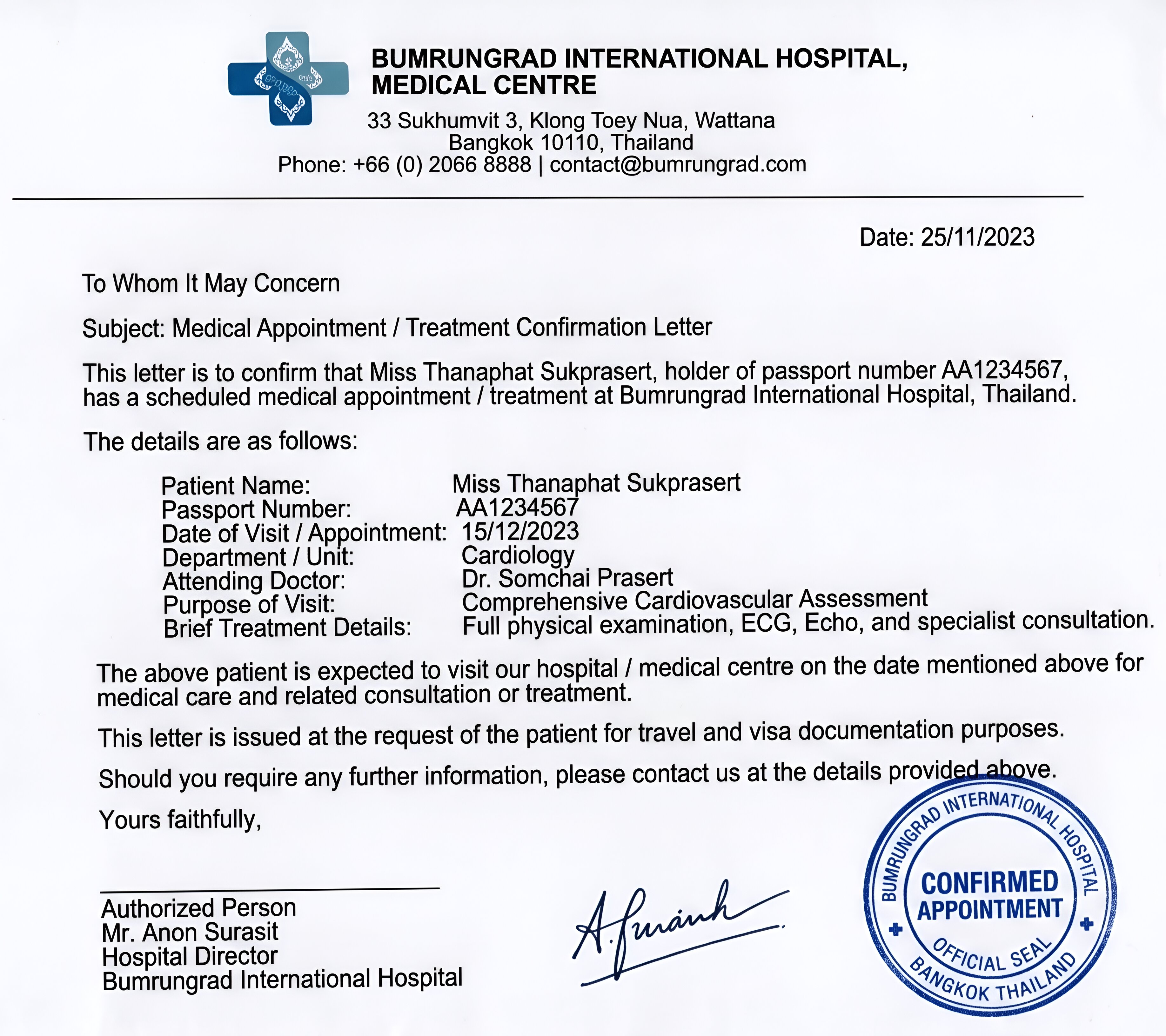 Sample of Letter from Hospital