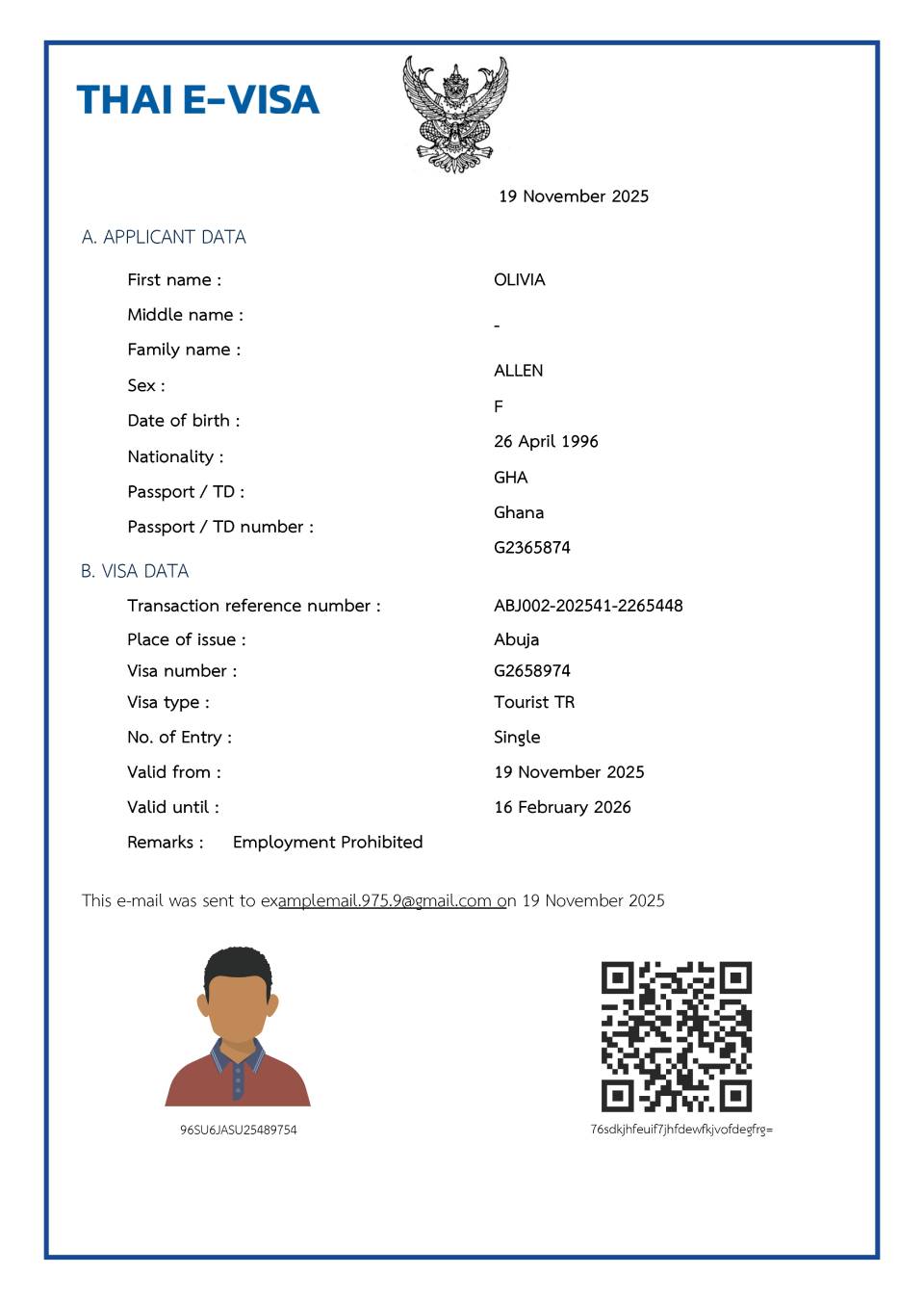 Sample of Thailand Electronic Visa